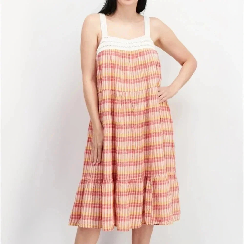 Womens Textured Midi Casual Dress, White/Yellow Combo